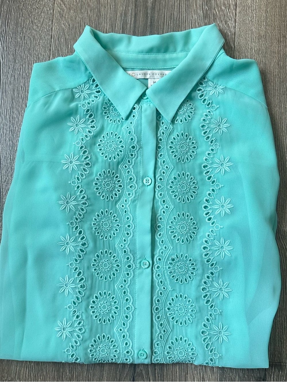 LC Lauren Conrad Teal Sheer Eyelet Blouse Size Medium